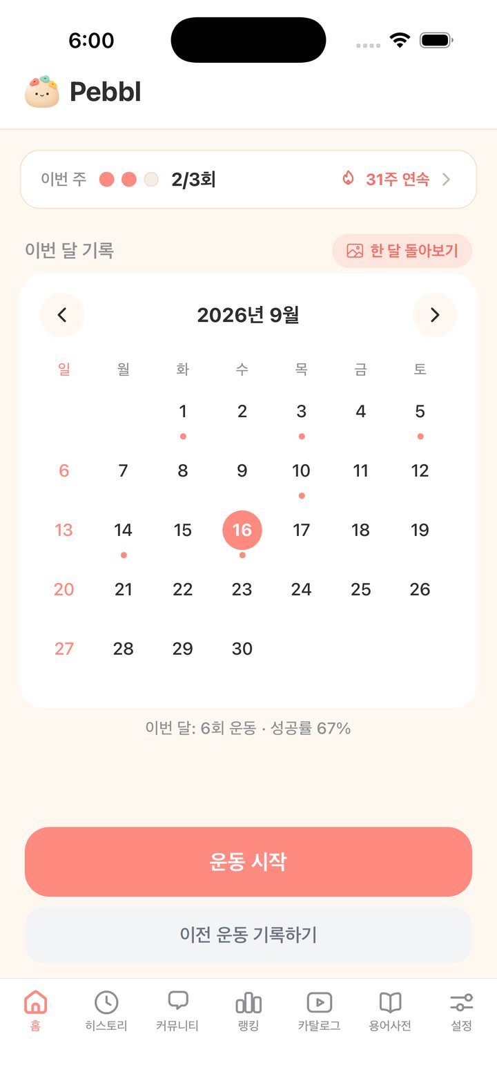홈 화면 — 이번 주 2/3회, 31주 연속, 이번 달 달력